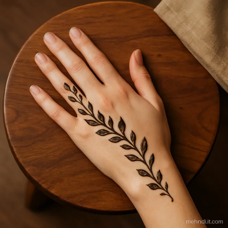 Diagonal Arabic leaf flow from index finger to the opposite wrist