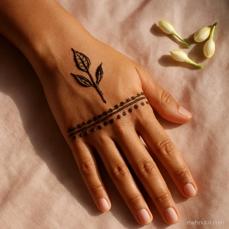 Dotted kangan band at the wrist with one leaf rising up