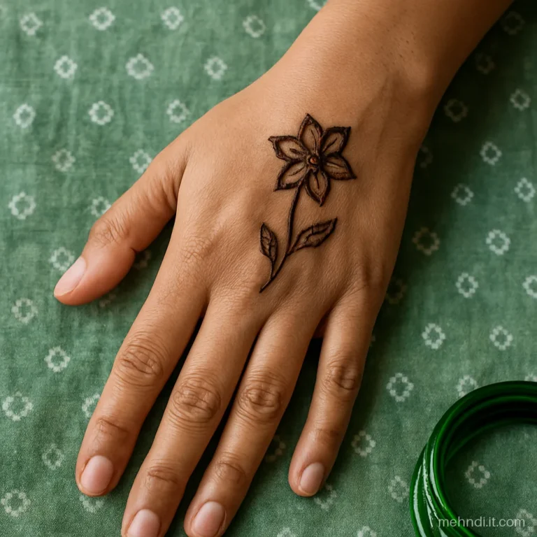 Five petal flower near index knuckle with leaves trailing down