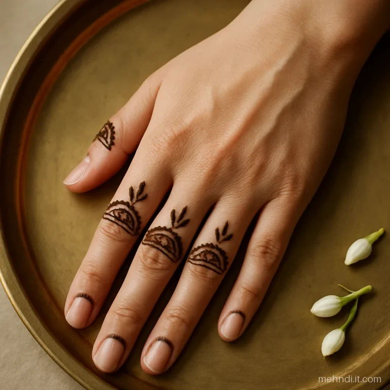 Half moon caps on fingertips with tiny leaves on each finger