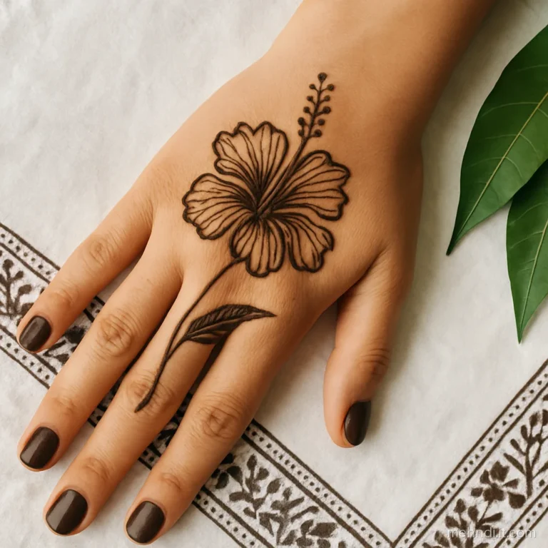 Single hibiscus flower on a stem across the back of the hand