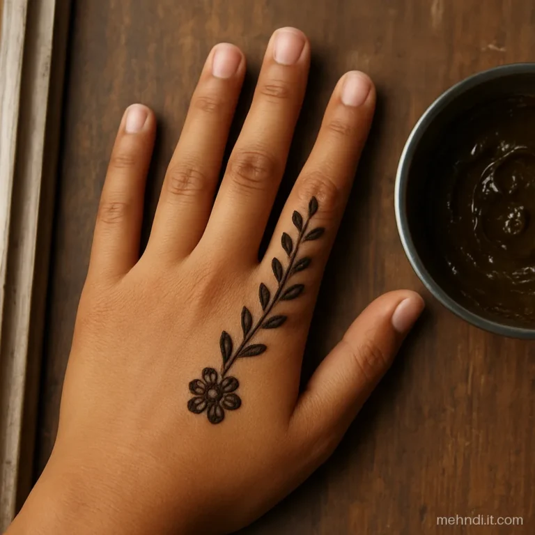 Mini vine on the ring finger with a flower on back of hand