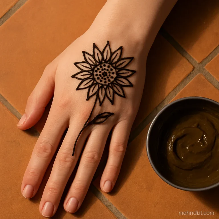 Sunflower with dotted centre and long petals on back of hand