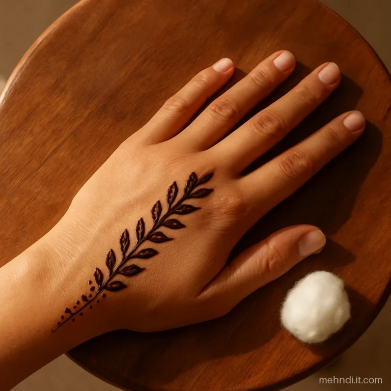 Leaf spray running along the thumb with dot border on back