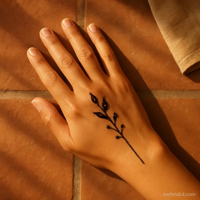 Thin wrist line with tiny buds and one leaf on back of hand