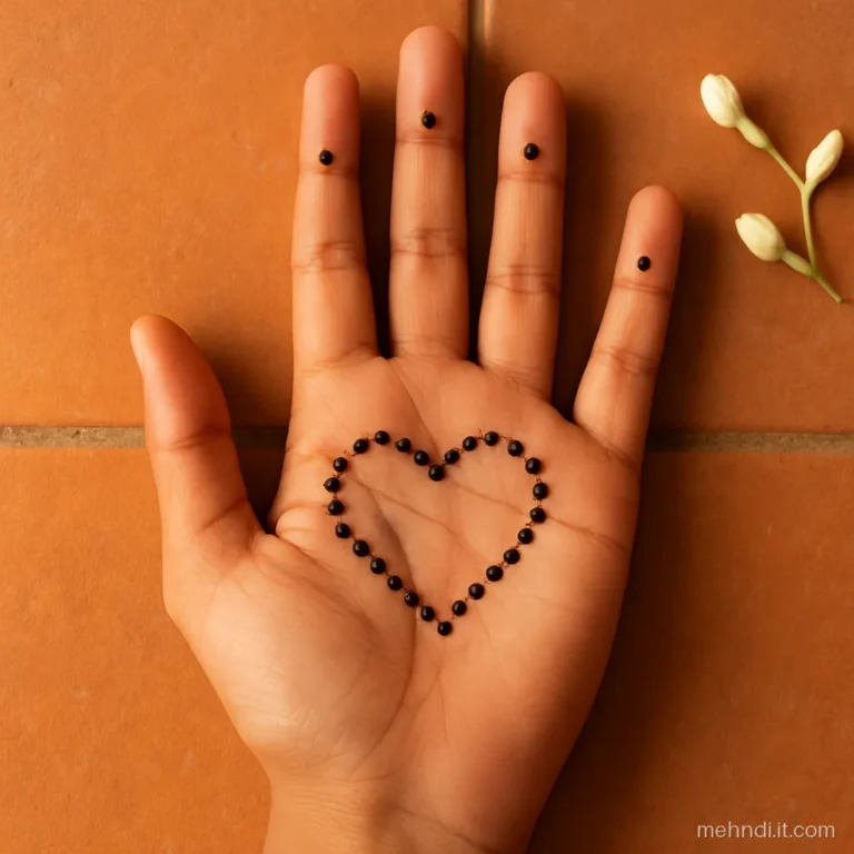 Teen girl palm with a heart outline made only from small dots
