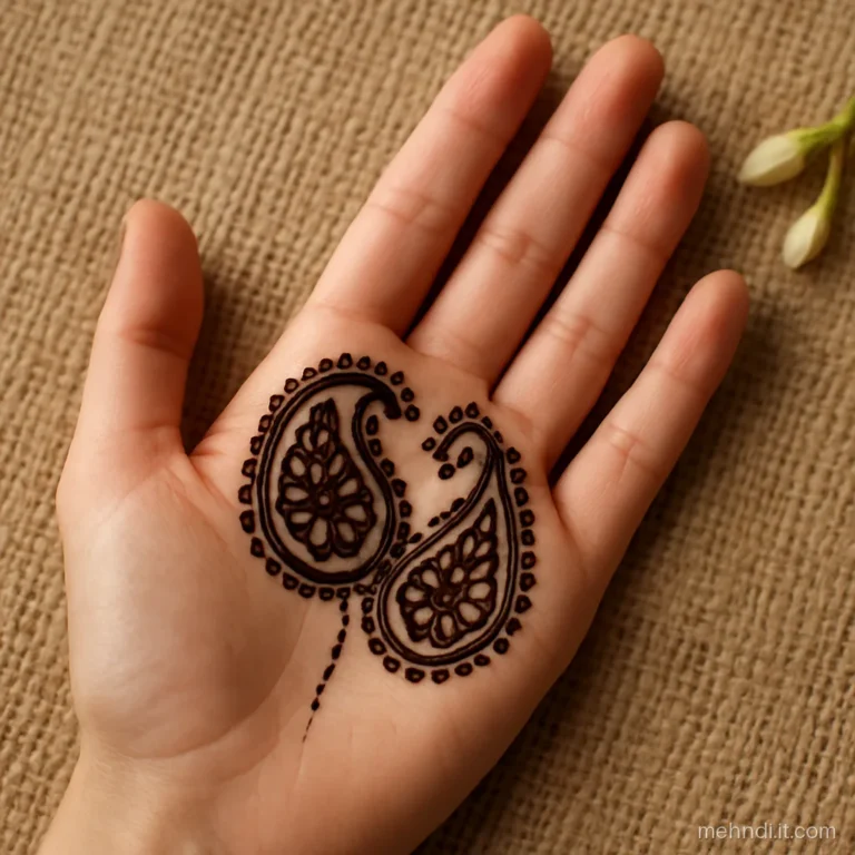 Two kairi paisleys facing each other in the palm with dot borders