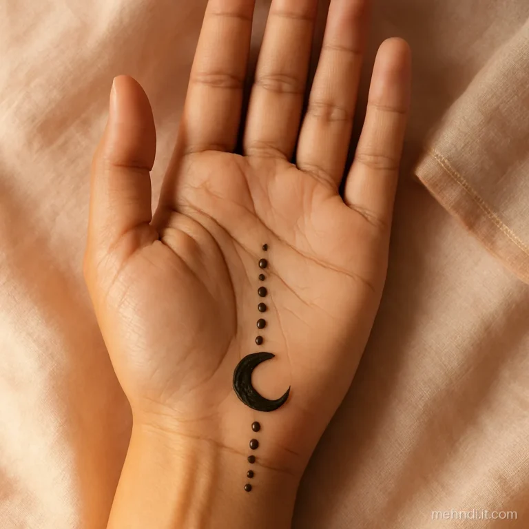 Small crescent moon at the wrist with a straight dot line to the middle finger
