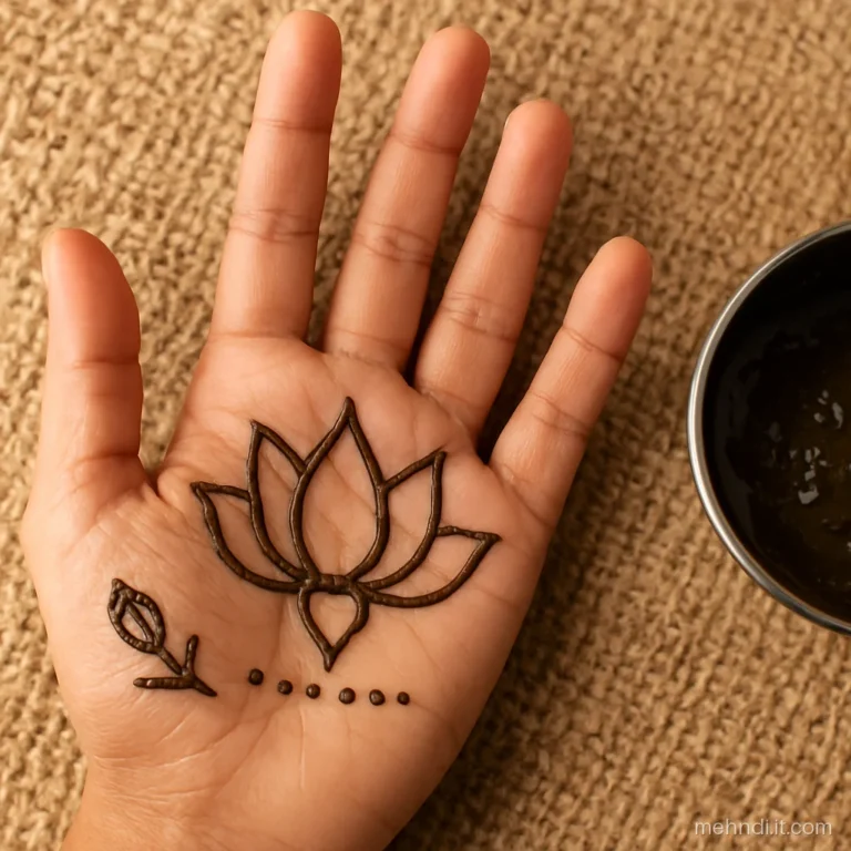Open lotus flower in the palm with pointed petals and a dot base