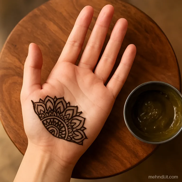 Quarter mandala at the thumb base with petal rows fanning toward the palm