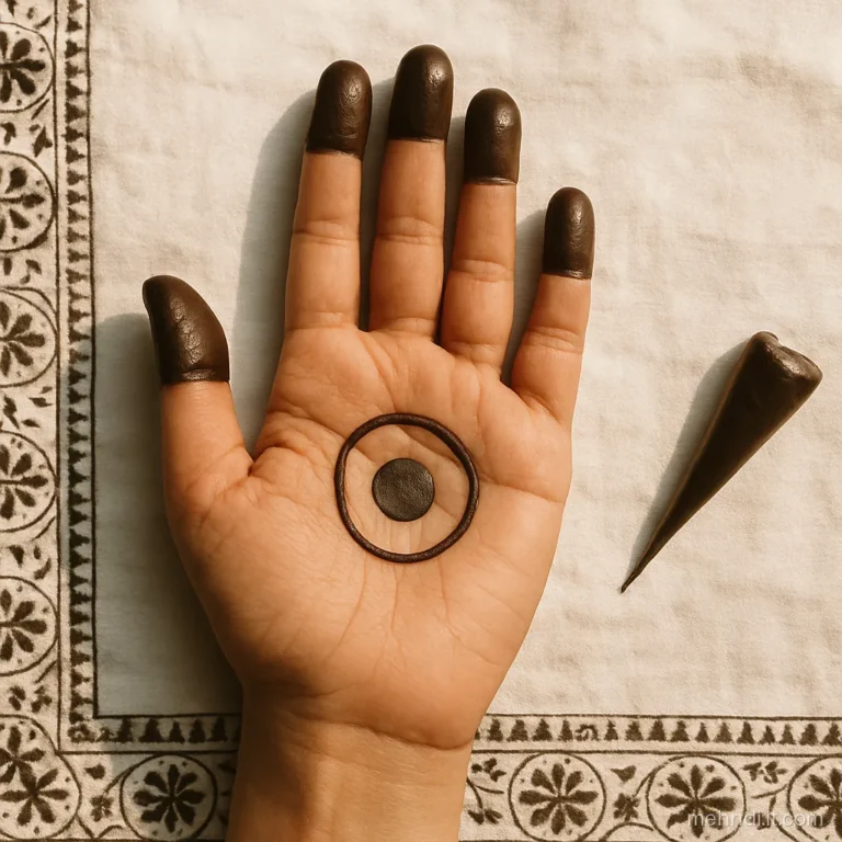 Basic easy front hand simple mehndi design with one round tikki and filled fingertips