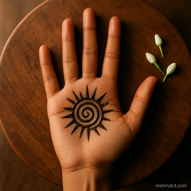 Traced circle with short rays all around it like a sun in the palm