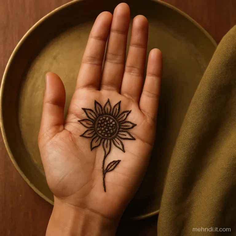 Sunflower with a dotted seed centre and long petals in the palm