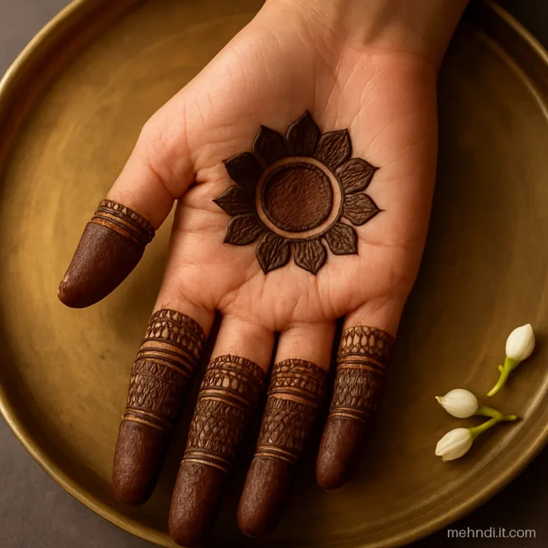Mehndi design simple front hand easy look with a tikki and full finger caps