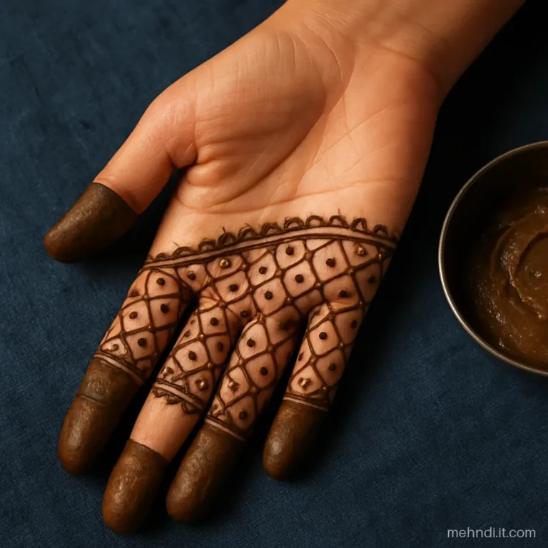 Palm covered in a simple triangle jaal net with dots in each triangle