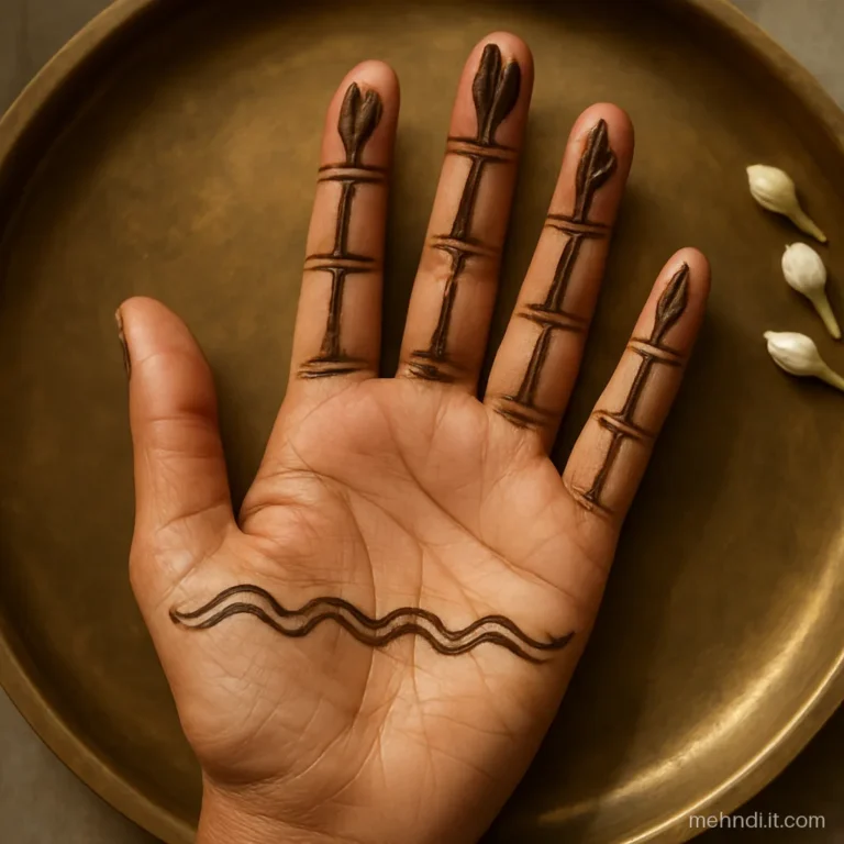 Fingers with sugarcane stalk lines and a leaf at each fingertip