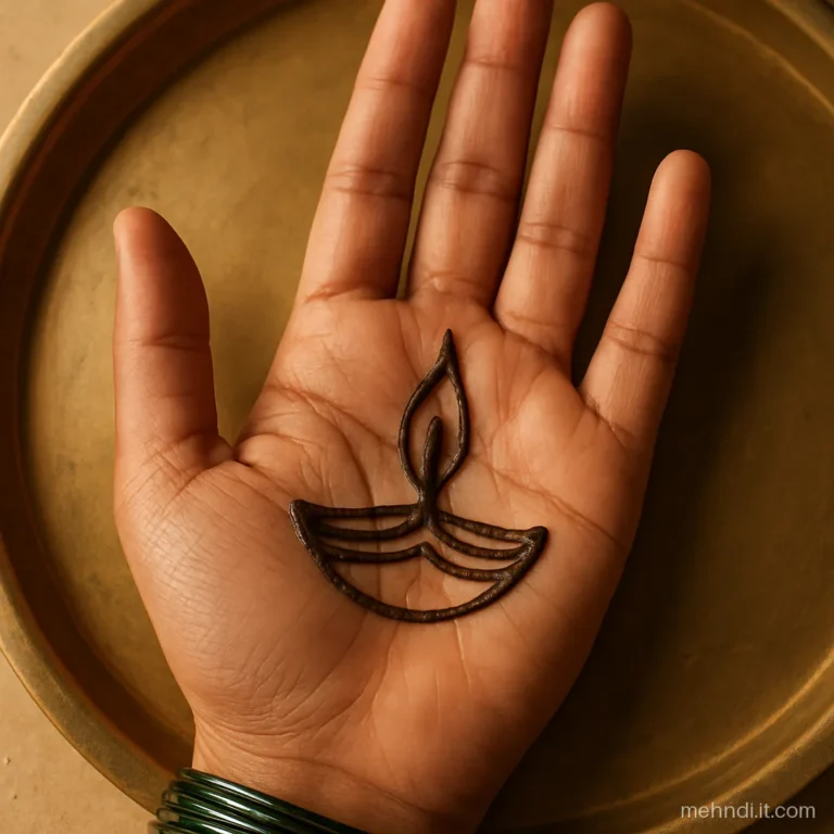 Palm with a lit diya at the centre and soft flame lines rising toward the fingers