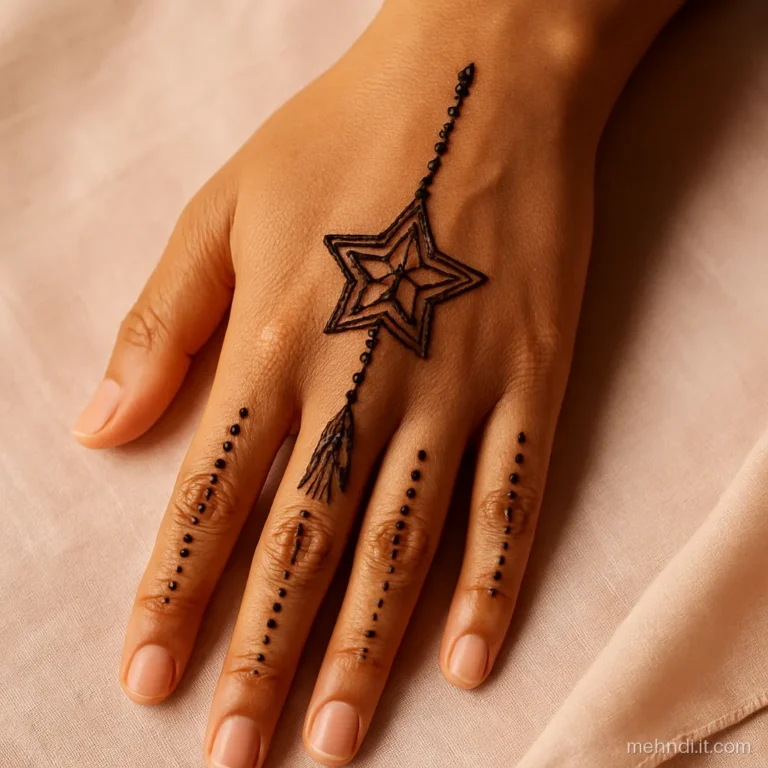 Back hand with a star shaped paper lantern and tassel hanging from the knuckles