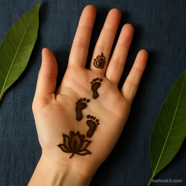 Tiny pair of footprint shapes walking up the palm from wrist to middle finger