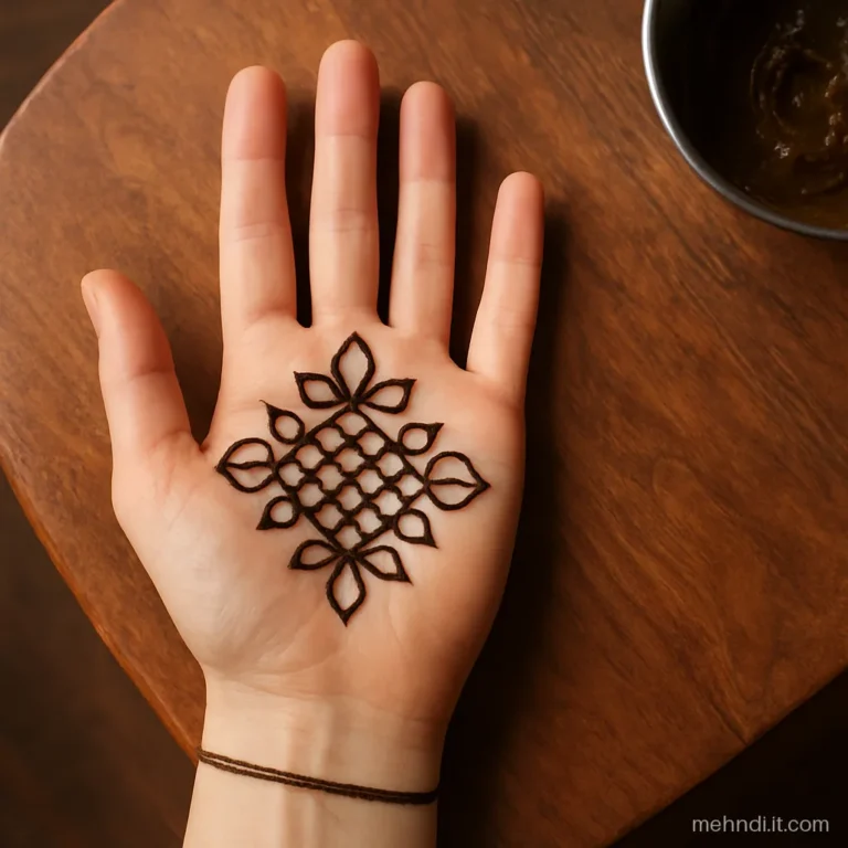 Palm with a square rangoli dot grid joined by looping lines
