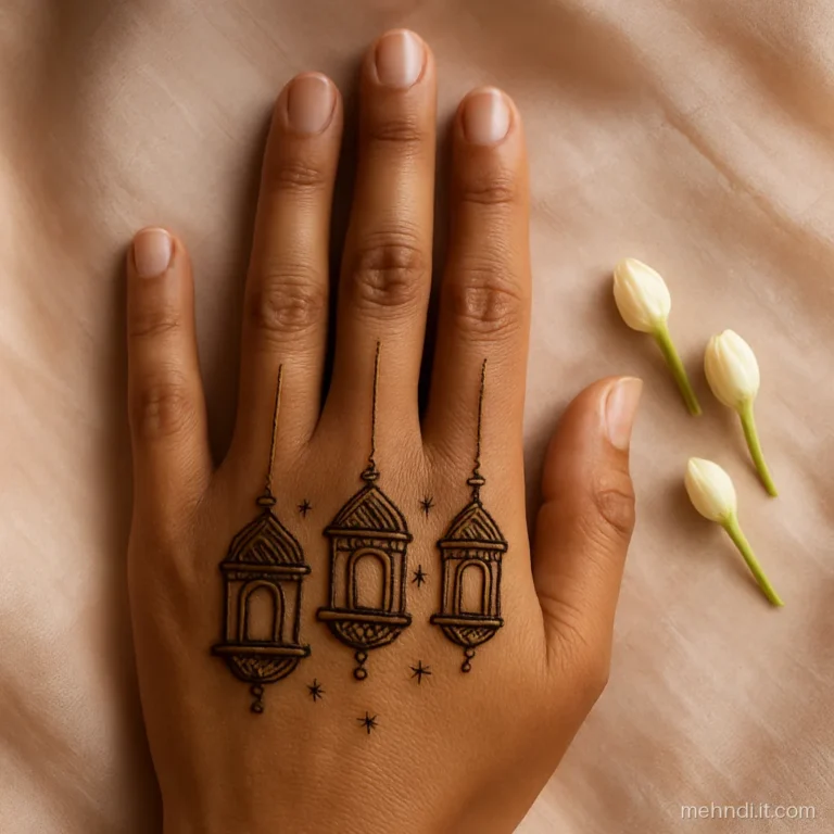 Three small lanterns hanging on thin lines from the base of the fingers