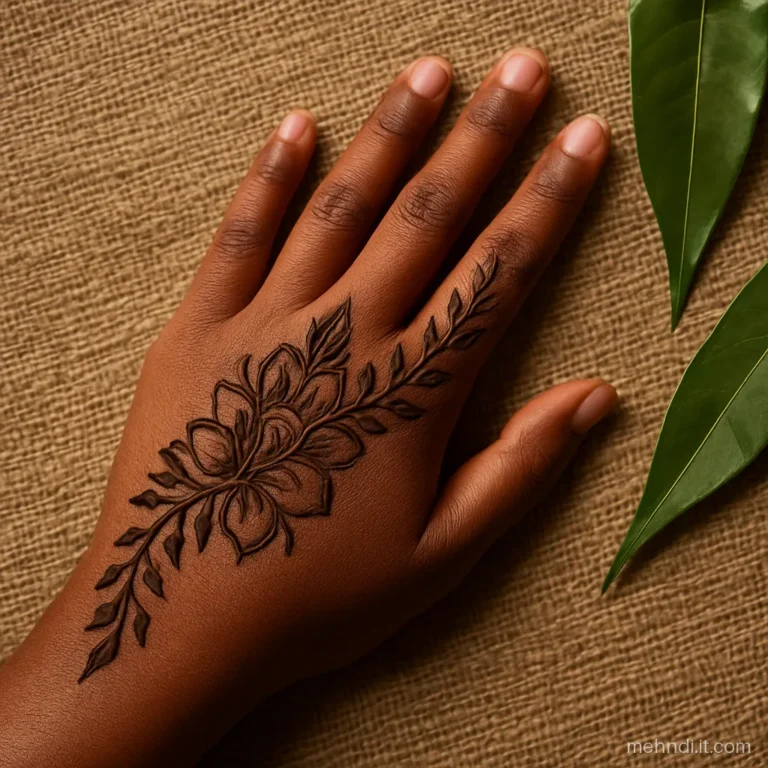 Diagonal band of big shaded Arabic petals crossing the palm toward the thumb