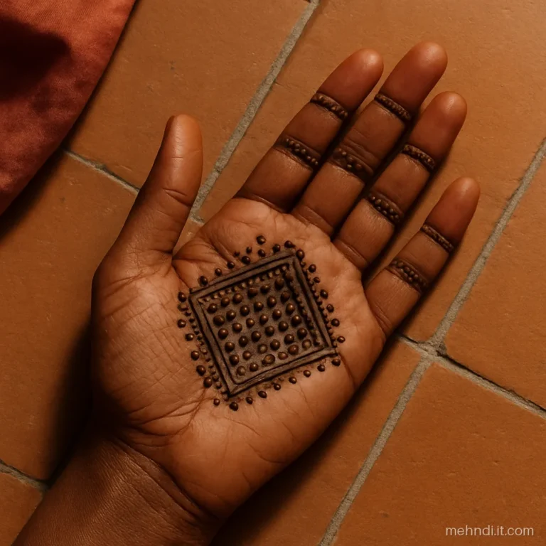 Palm full of tiny dot clusters in a bandhani pattern with a square border
