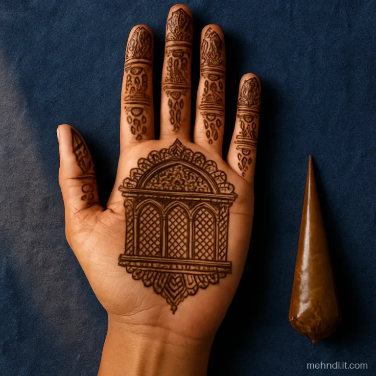 Palm filled with a Rajasthani jharokha window and fine jaal inside it