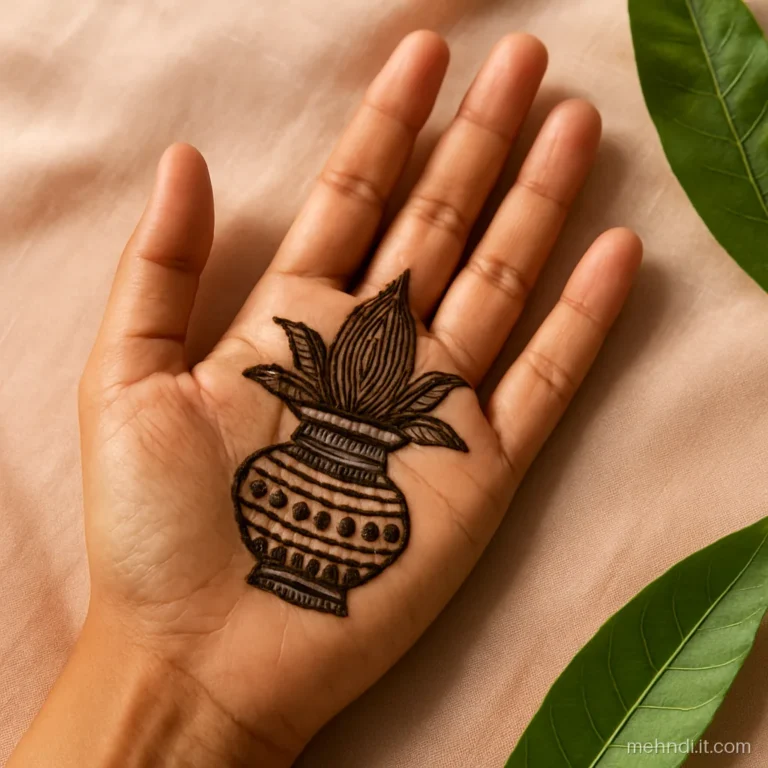 Palm with a kalash pot topped with mango leaves and a coconut