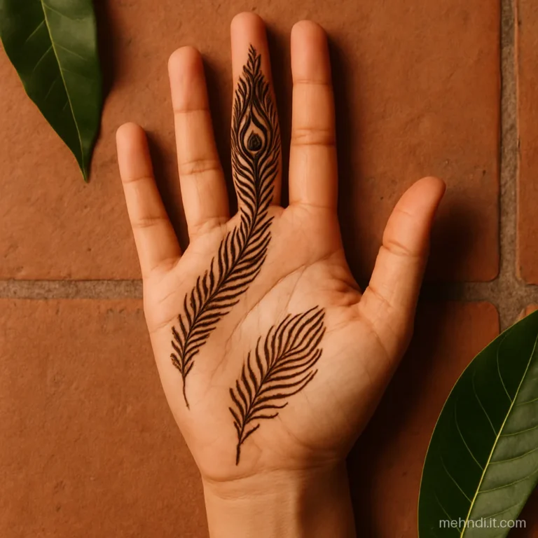 Index finger with a long peacock feather and a small feather on the palm
