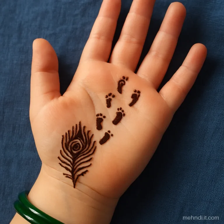 Child's palm with small footprints walking toward a peacock feather