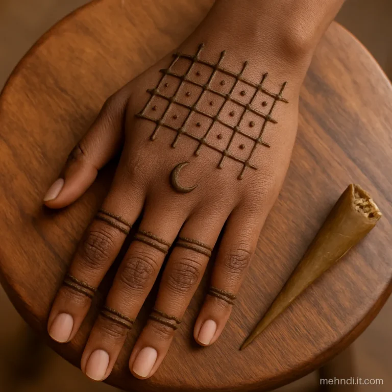 Back karva chauth mehndi design with a fine square jaal and a crescent near the knuckles