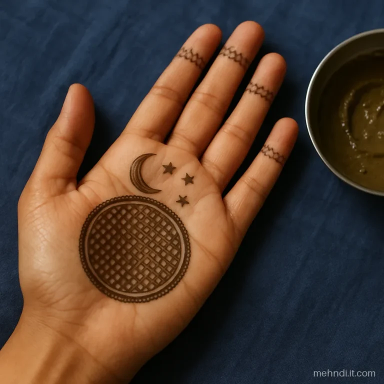 Palm with a round chalni mesh in the centre, a crescent moon and three stars above it