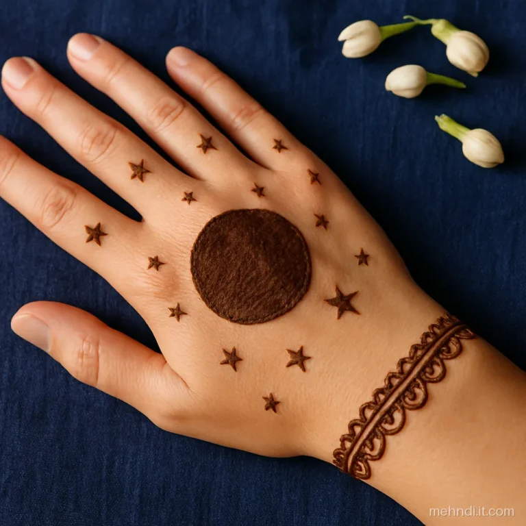 Back hand with a kangan band at the wrist, a large moon disc and scattered stars