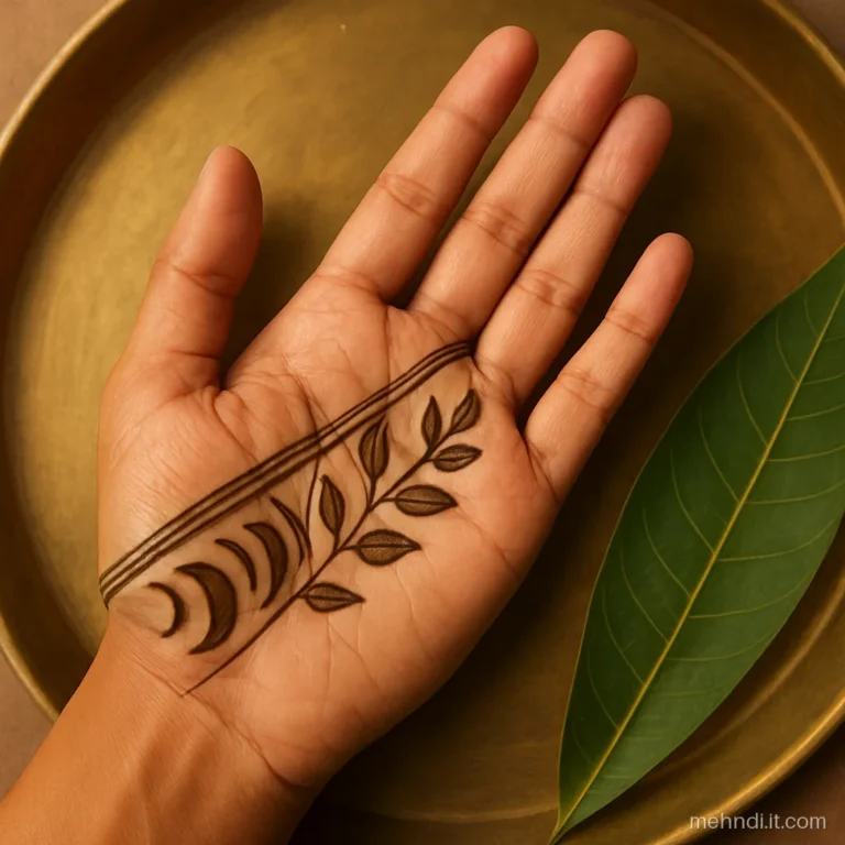 Modern karva chauth mehndi design with a diagonal band and empty crescent outlines