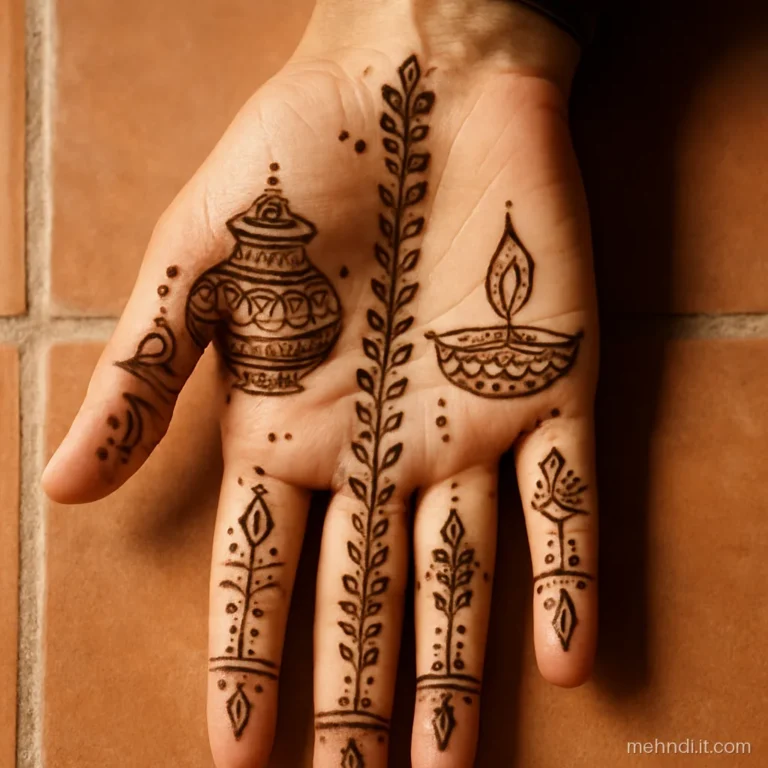 Palm split into two halves with a karwa pot on one side and a diya on the other