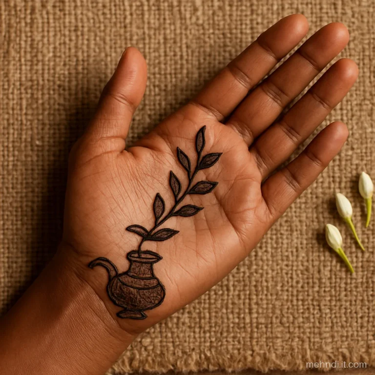 Inner wrist with a small karwa pot and a leafy bel climbing toward the index finger