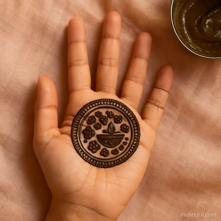 Palm with a round thali motif holding small circles like sweets and mathri