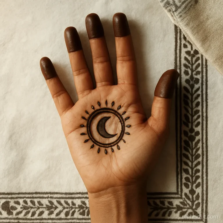 Simple palm mehndi with one gol tikki holding a crescent cutout and dotted rays