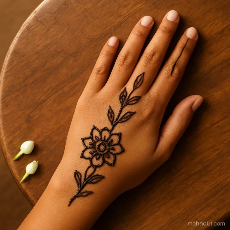 Back hand bel from wrist to middle finger with a rakhi flower at the base