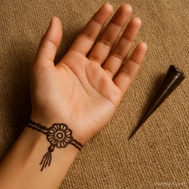 Wrist band made of twisted thread lines with a round rakhi flower at the centre