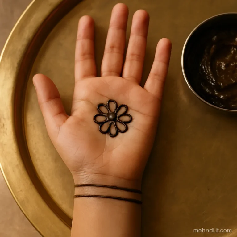 Child's palm with a single rakhi flower and two thread lines across the wrist