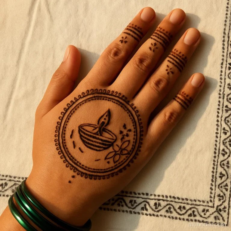 Palm with a puja thali holding a diya, a rakhi and grains of rice