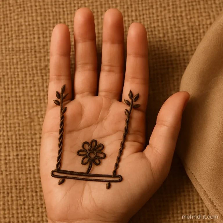 Palm with a hanging jhula swing drawn from two vine ropes and leaf clusters