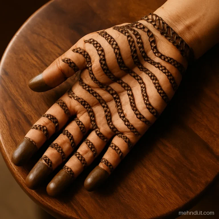 Palm with diagonal wavy leheriya stripes and a dot row between each stripe