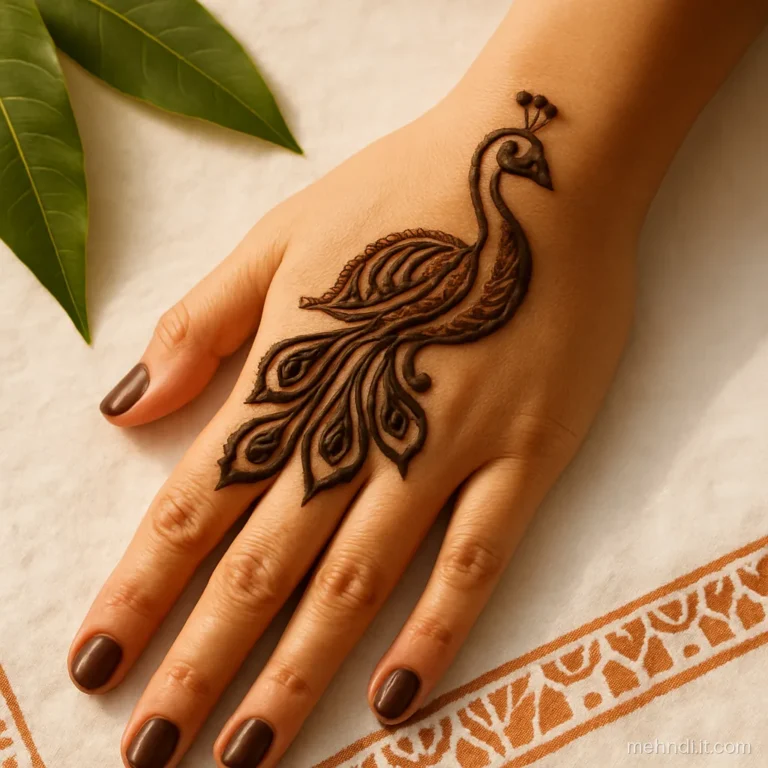 Back hand with a peacock body near the wrist and a fan of feather eyes