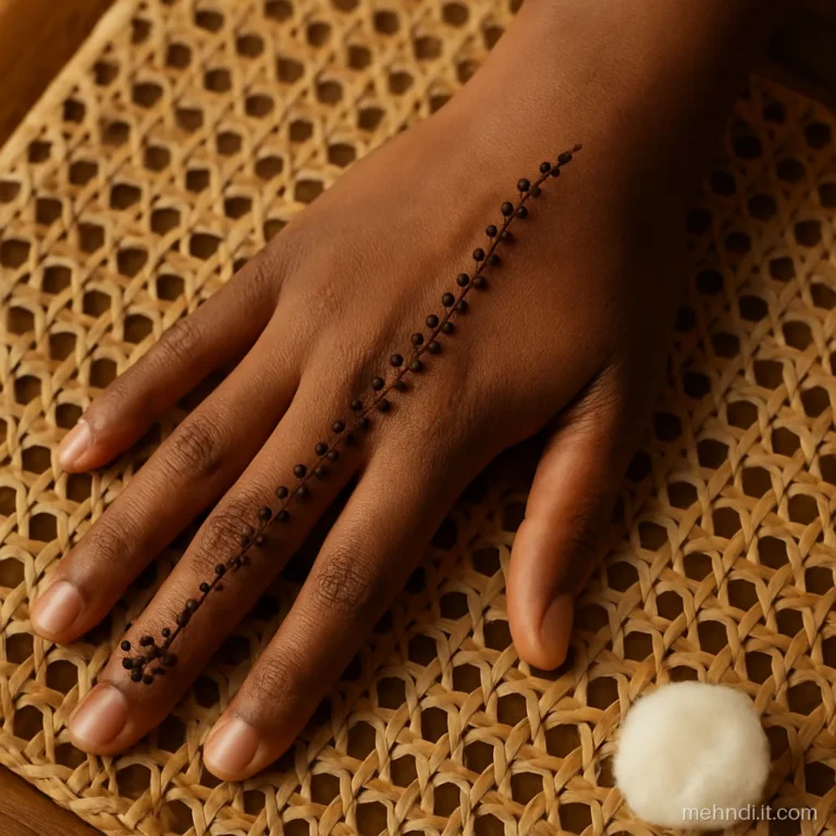 Diagonal vine made only of dots, ending in a small flower near the wrist