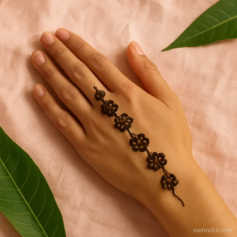 Diagonal chain of small flowers linked by a thin line across the palm