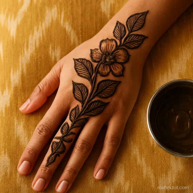 Bold Arabic diagonal trail with shaded leaves and petals across the palm
