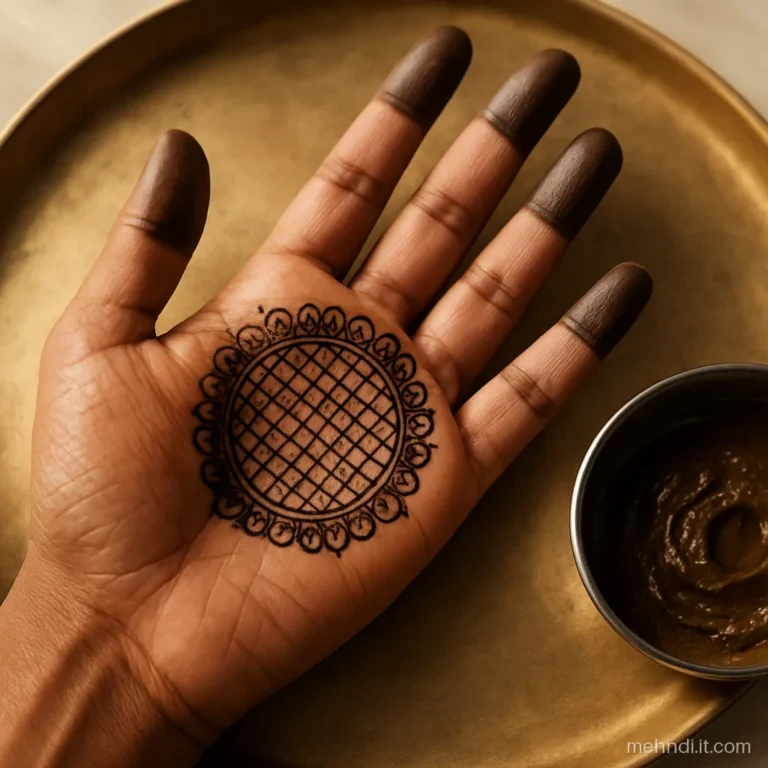 Palm with a round circle filled with fine chalni net checks and scalloped border